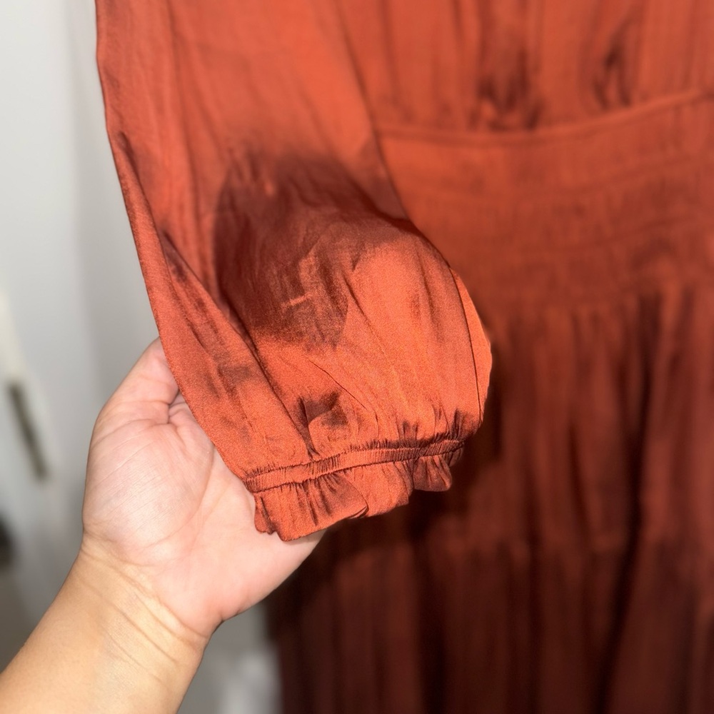 Silk Knee Length Long Sleeved Dress in rust - Picture 3 of 6